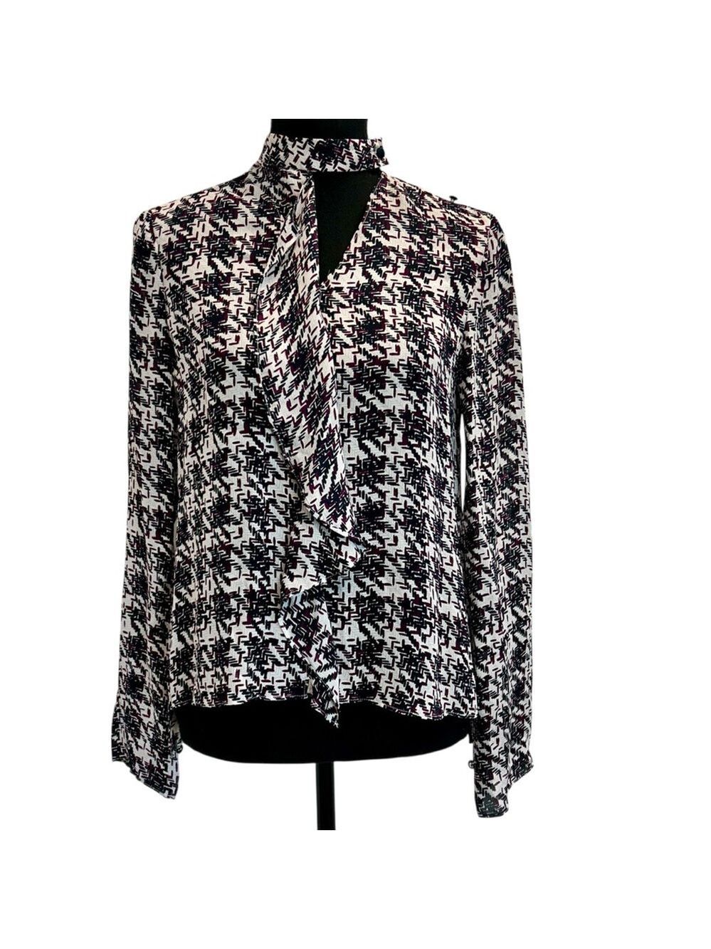 Derek Lam 10 Crosby silk black high neck keyhole ruffle long sleeve blouse 2